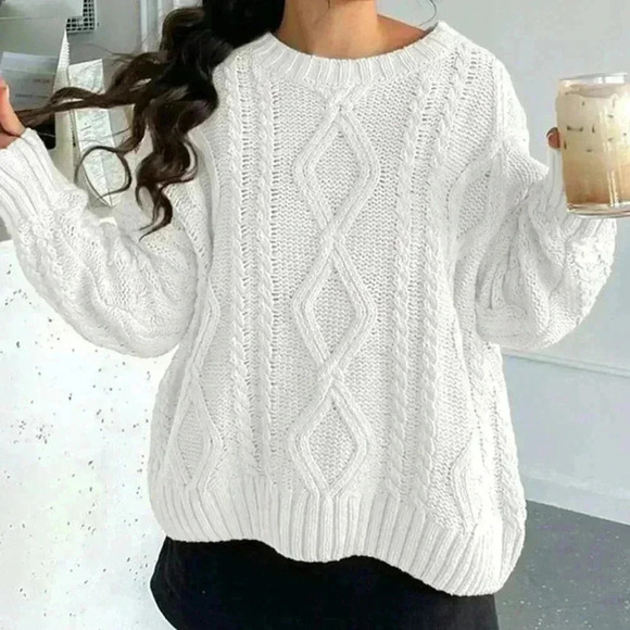 White Casual Women's Deep Round Neck Cable Knit Loose Pullover Sweater - Picture 1 of 7
